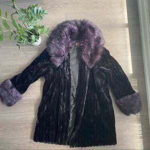 Jessica Faux Fur Marbled Purple/ Black Coat with Collar & Sleeve Trim